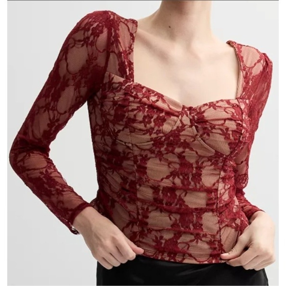 Madden Girl Lace Corset‎ Top Square Neck Long Sleeve Burgundy Size M NWT
